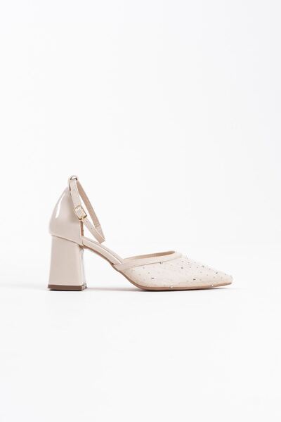 aczagul butik Borie Beige Textile Fabric Stone Women's Heeled Shoes