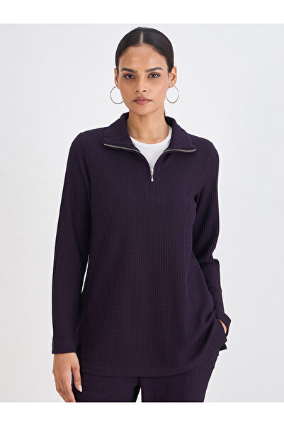 Femmella By Styli Women Deep Purple Waffle Knit High Neck Top