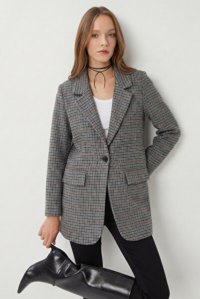Lovelyİstanbul Checkered Shoulder Pad Piece Plain Blazer Jacket Lxa0019 Gray ...