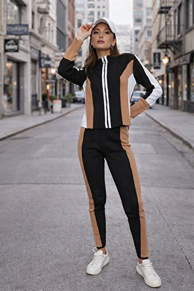 TRQOM Women's Tracksuit Set Knitwear Camel High Neck Polo Collar Casual Long ...