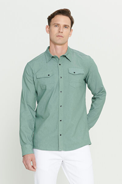 AC&Co / Altınyıldız Classics Зелена риза с тясна кройка, заострени ръкави и к...