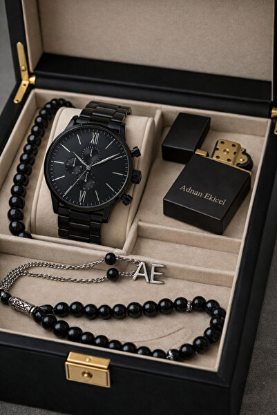 pierrose Kişiye Özel İsimli Siyah Erkek Saat Seti Mat Siyah Kronograf Kol Saa...