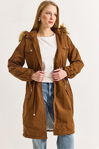 Raneel Kazançlı Alışveriş Kadın Taba Uzun Boy Gabardin Kumaş İçi Yün Mont