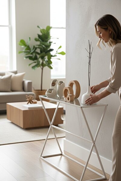 TOLIAHOME Beyaz Renk Şeffaf Temper Camlı Dresuar Metal Konsol