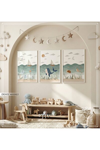 Tablomtr Deniz Masalı - Dijital Baskılı Beyaz Metal Çerçeveli Gerçek Camlı 3'...