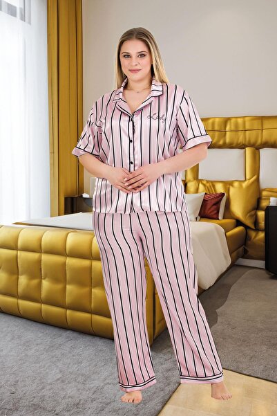 REN Women's Pink Black Striped Plus Size Short Sleeve Satin Pajama Set