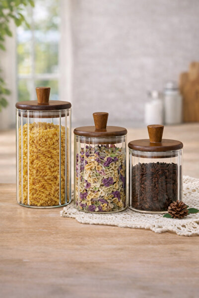 welcomein Set of 3 Glass Jars with Wooden Lid 1160 ml + 860 ml + 600 ml |   Kitchen Storage Jar