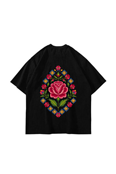 Bak Moda Rose-Face Printed Oversized Unisex Black Tshirt