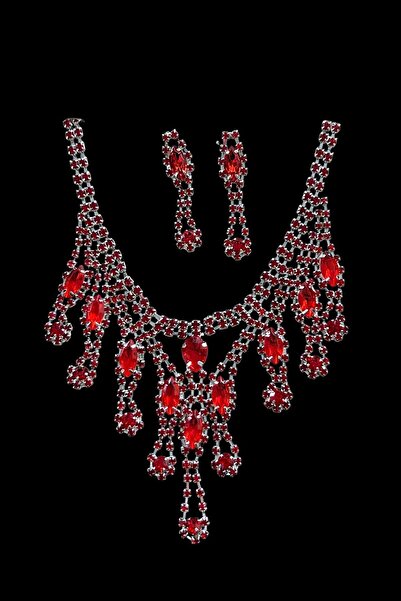 TAKIŞTIR Gümüş Renk Kırmızı Taş Detaylı Abiye Set