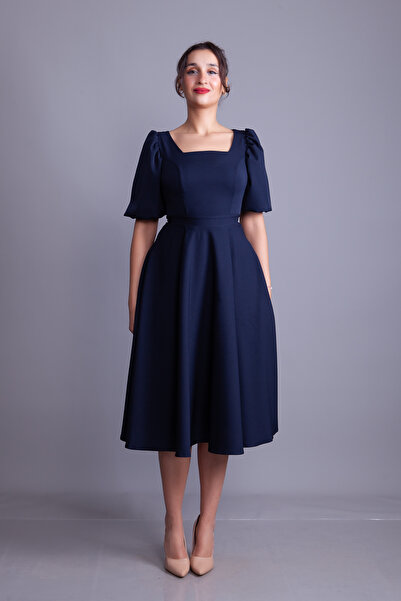 NO48 Navy Blue Balloon Sleeve Square Neck Midi Dress