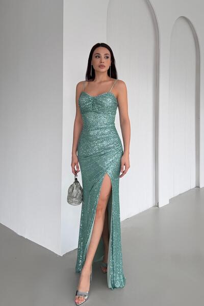 Serica Moda Mint Thin Strap Y Slit Sequin Evening Dress