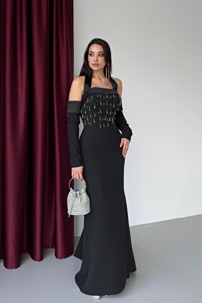 Serica Moda Siyah Taş İşlemeli Kol Detaylı Askılı Abiye Elbise