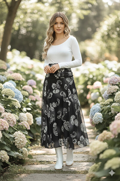 Moda Palmiss Women's Bitter Brown Patterned Chiffon Midi Skirt High Waist Com...