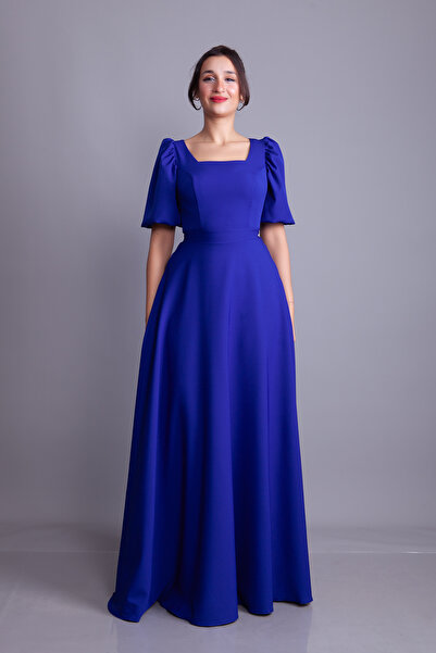 NO48 Sax Blue Balloon Sleeve Square Neck Maxi Length Dress