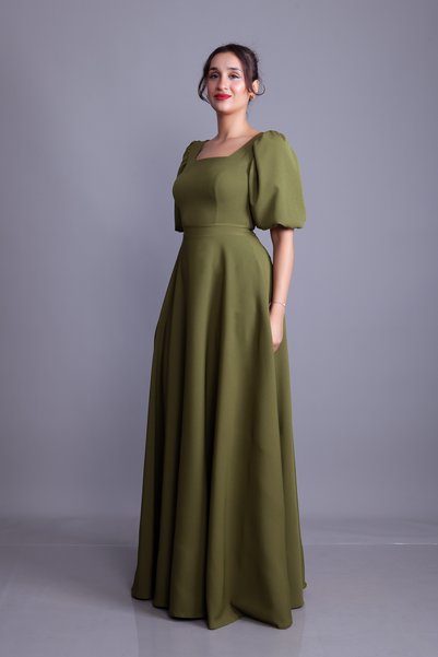 NO48 Khaki Balloon Sleeve Square Neck Maxi Dress