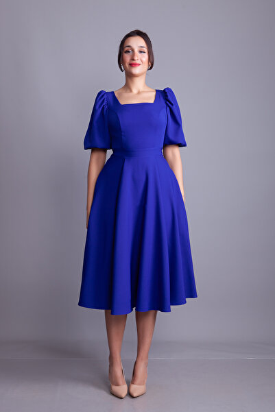 NO48 Sax Blue Balloon Sleeve Square Neck Midi Dress