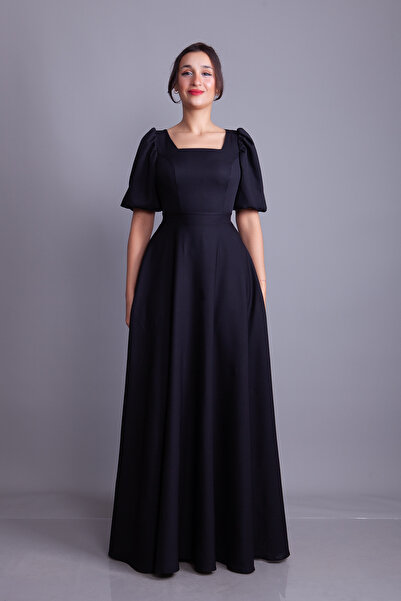 NO48 Black Balloon Sleeve Square Neck Maxi Dress