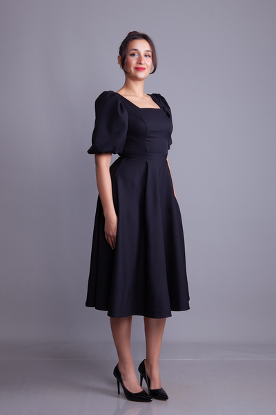 NO48 Black Balloon Sleeve Square Neck Midi Dress