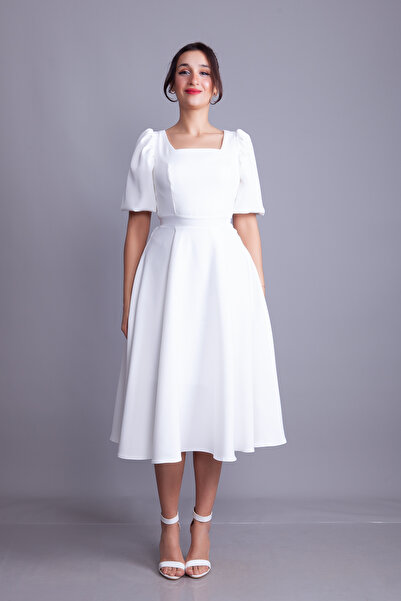 NO48 White Balloon Sleeve Square Neck Midi Dress