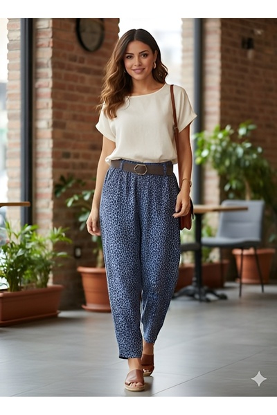 AGORATEKSTİL Women's Original Italian Leopard Print Belted Velvet Trousers