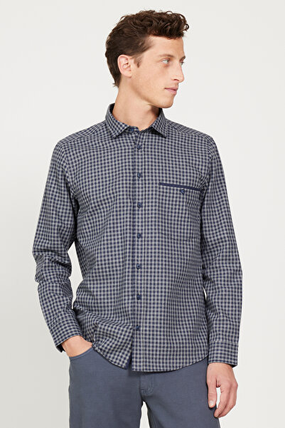 ALTINYILDIZ CLASSICS Navy Blue-Grey Slim Fit Slim-Fit Classic Collar Checkere...