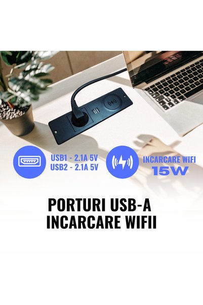 ATOMKIT Priza incorporabila in blat, ATOMKIT®, Incarcare wireless 15W , 1 priza Shucko, 2 X USB-A,