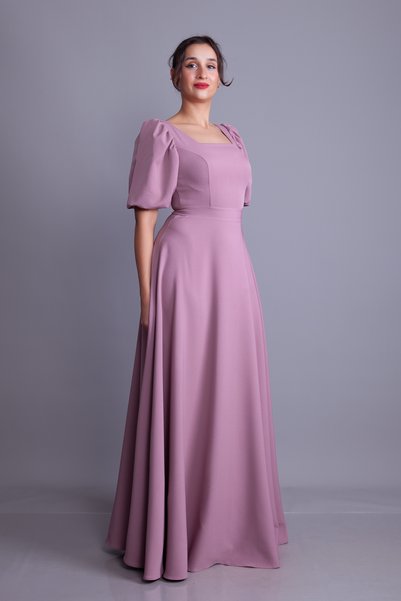 NO48 Dark Rose Dry Balloon Sleeve Square Neck Maxi Dress