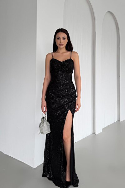 Serica Moda Black Thin Strap Y Slit Sequin Evening Dress