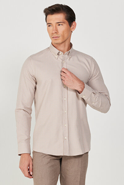 ALTINYILDIZ CLASSICS Μπεζ-λευκό εφαρμοστό βαμβακερό πουκάμισο με καρό γιακά μ...