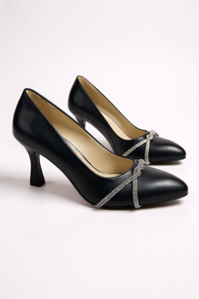 Modayak Elegant Black Leather Stone-Embellished Thin Heel Pointed-Toe Heel Shoes