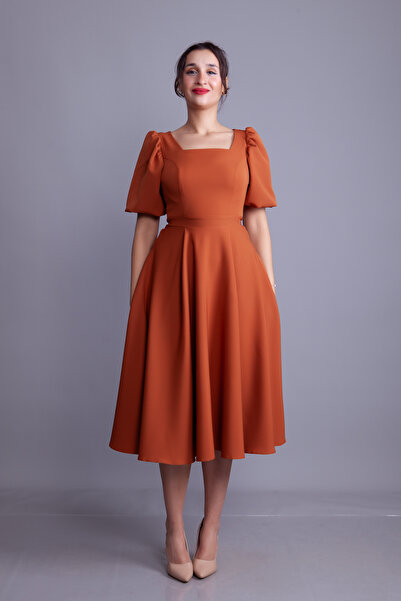 NO48 Cinnamon Balloon Sleeve Square Neck Maxi Dress