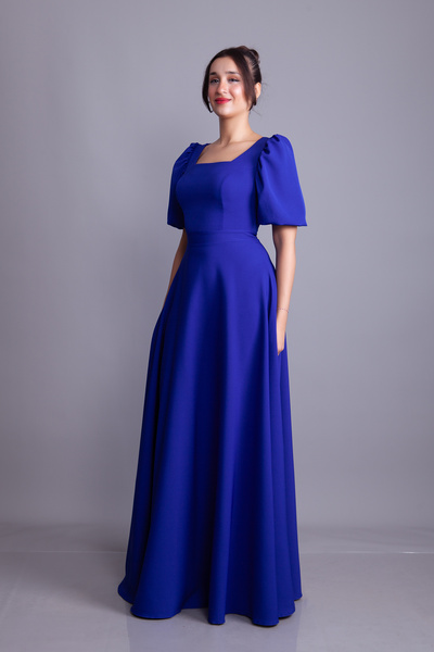 NO48 Sax Blue Balloon Sleeve Square Neck Maxi Length Dress