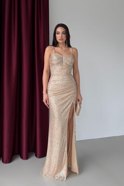 Serica Moda Beige Thin Strap Y Slit Sequin Evening Dress
