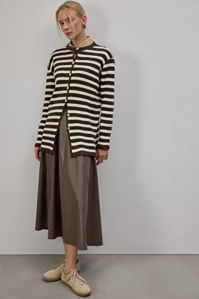 Touché Privé Gold Buttoned Striped Long Cardigan