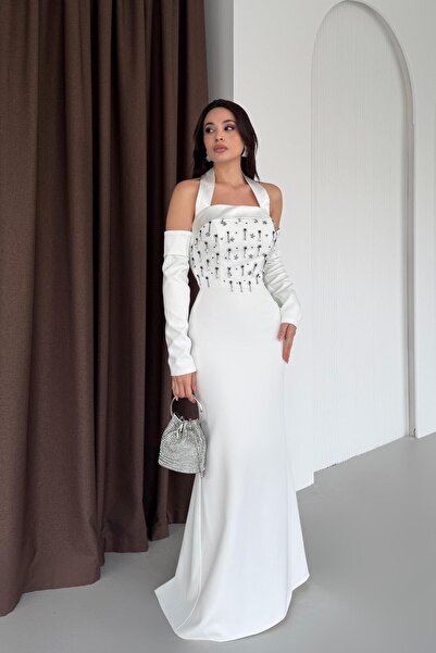 Serica Moda White Stone Embroidered Sleeve Detailed Strap Evening Dress