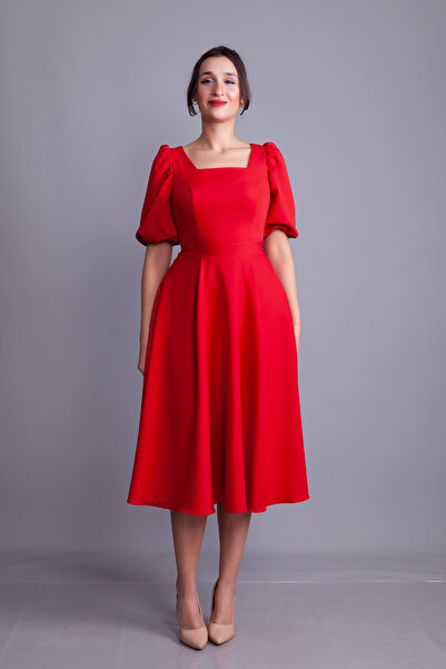 NO48 Red Balloon Sleeve Square Neck Midi Dress