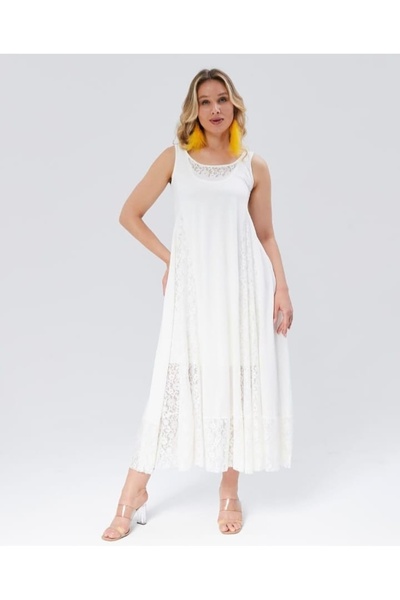 Noname Dantel Detaylı Kolsuz Bohem Maxi Elbise (İç Astarlı - 2 Parça)