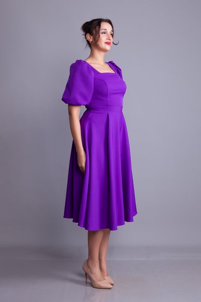 NO48 Purple Balloon Sleeve Square Neck Midi Dress