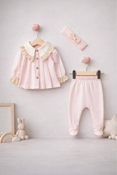 Superbaby Baby Aura 0–3 months set, 3 pieces with lace trim at collar - Pink