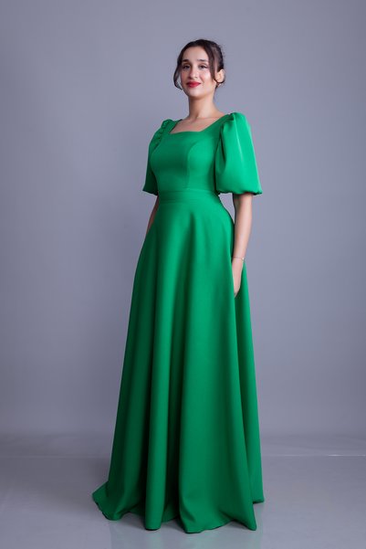 NO48 Grass Green Balloon Sleeve Square Neck Maxi Dress