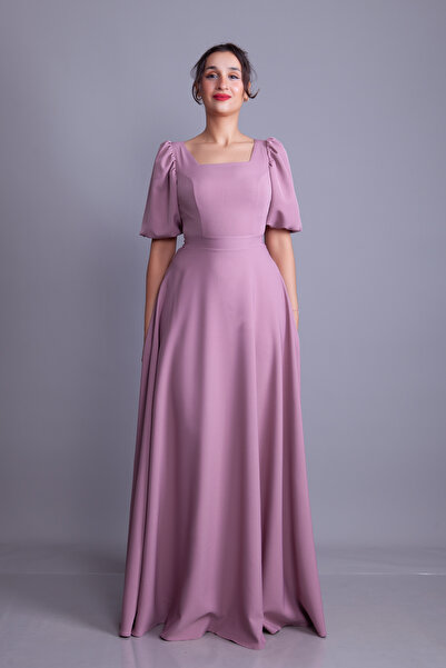 NO48 Dark Rose Dry Balloon Sleeve Square Neck Maxi Dress