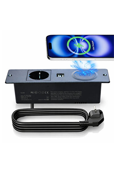 ATOMKIT Countertop built-in socket, ATOMKIT®, 15W wireless charging, 1 Shucko...