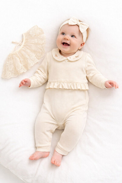 İZYALİF BABY Kız Bebek Şık Pamuklu Yakası Danteli Parça Tulum Seti 3 Parça – ...