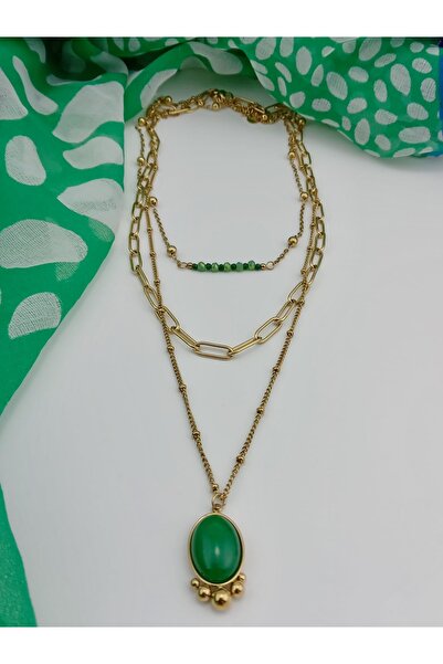 Orelia Takı Çoklu Sıralı Yeşil Doğal Taşlı Çelik Kolye