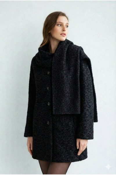 ribana Women's Shirt Collar Shawl Detailed Curly Bearded Lined Cashmere Coat ...