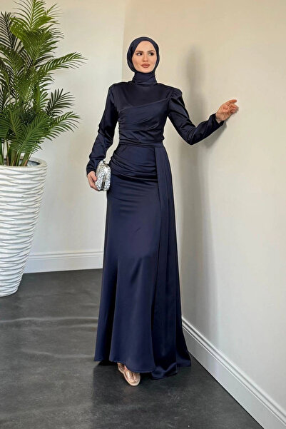Tesettür Diyarı Rochie de seară Tesettür din satin cu trenă Samar - Albastru ...
