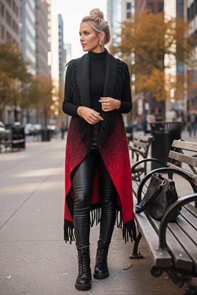 Chiccy Италианска черно-червена шал-яка без ръкави с ресни, ежедневна дълга п...