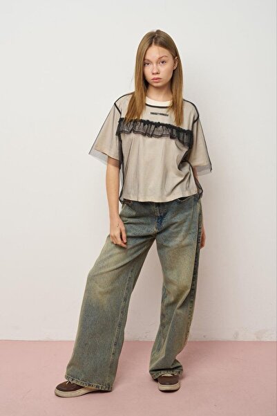 LOCO LOCO Girl's Single Jersey Tulle Ruffle T-Shirt