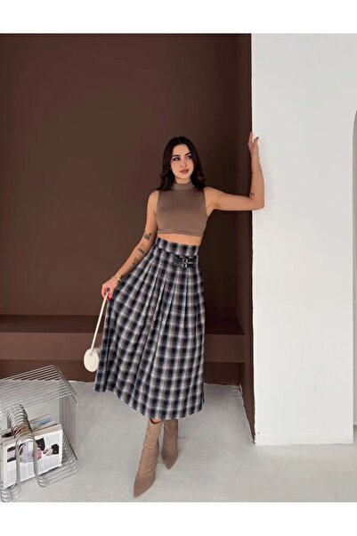 QBZ KEMER DETAYLI PİLELİ EKOSE KLOŞ ETEK