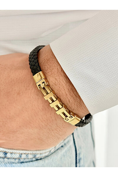 FERRO سوار رجالي من الفولاذ والجلد باللونين الأصفر والأسود FRJ10150B-A ضمان ل...